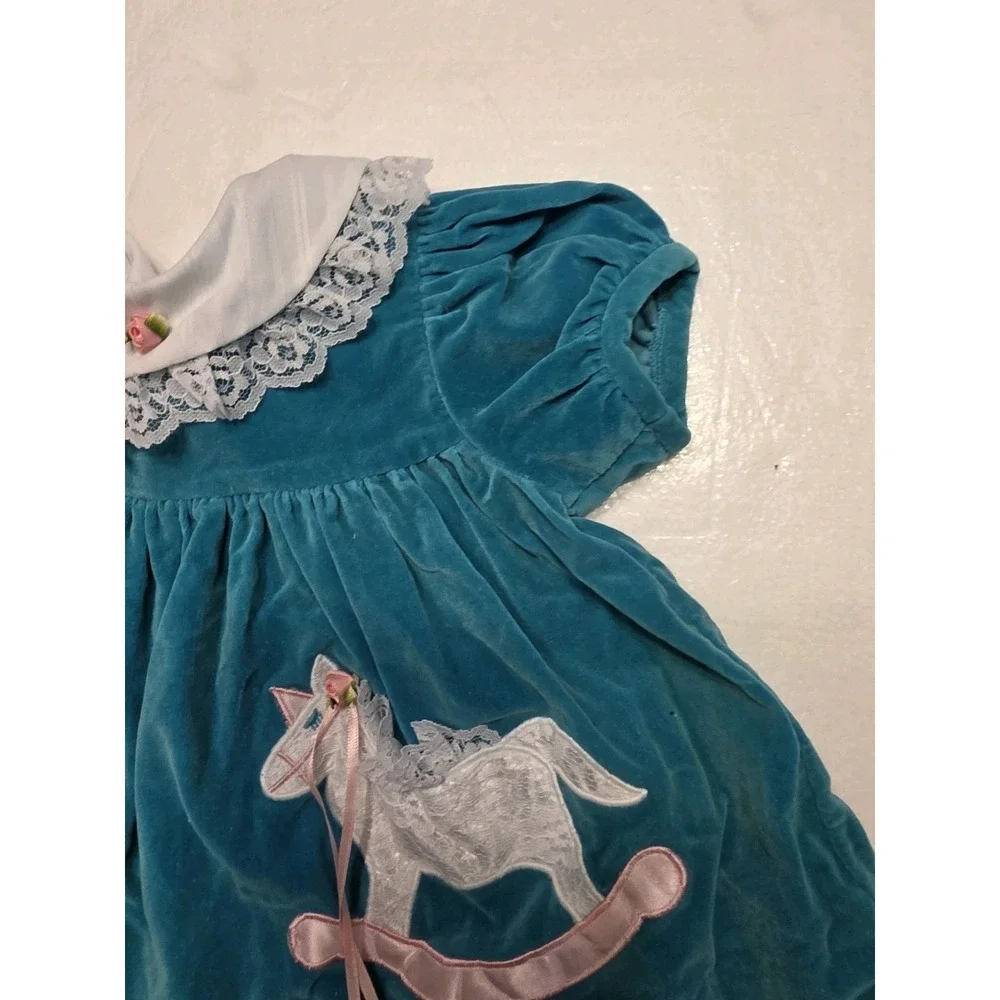 Vintage Nannette Baby Girls Velvet Dress 6-9 M Teal Rocking Horse Lace Collar